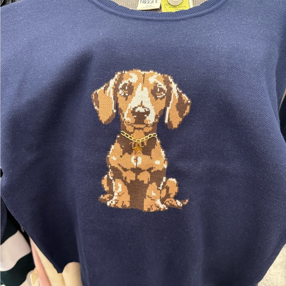 NEW Navy Blue DACHSHUND DOG with gold collar with charm Sweater (MEDIUM) - Picture 5 of 10